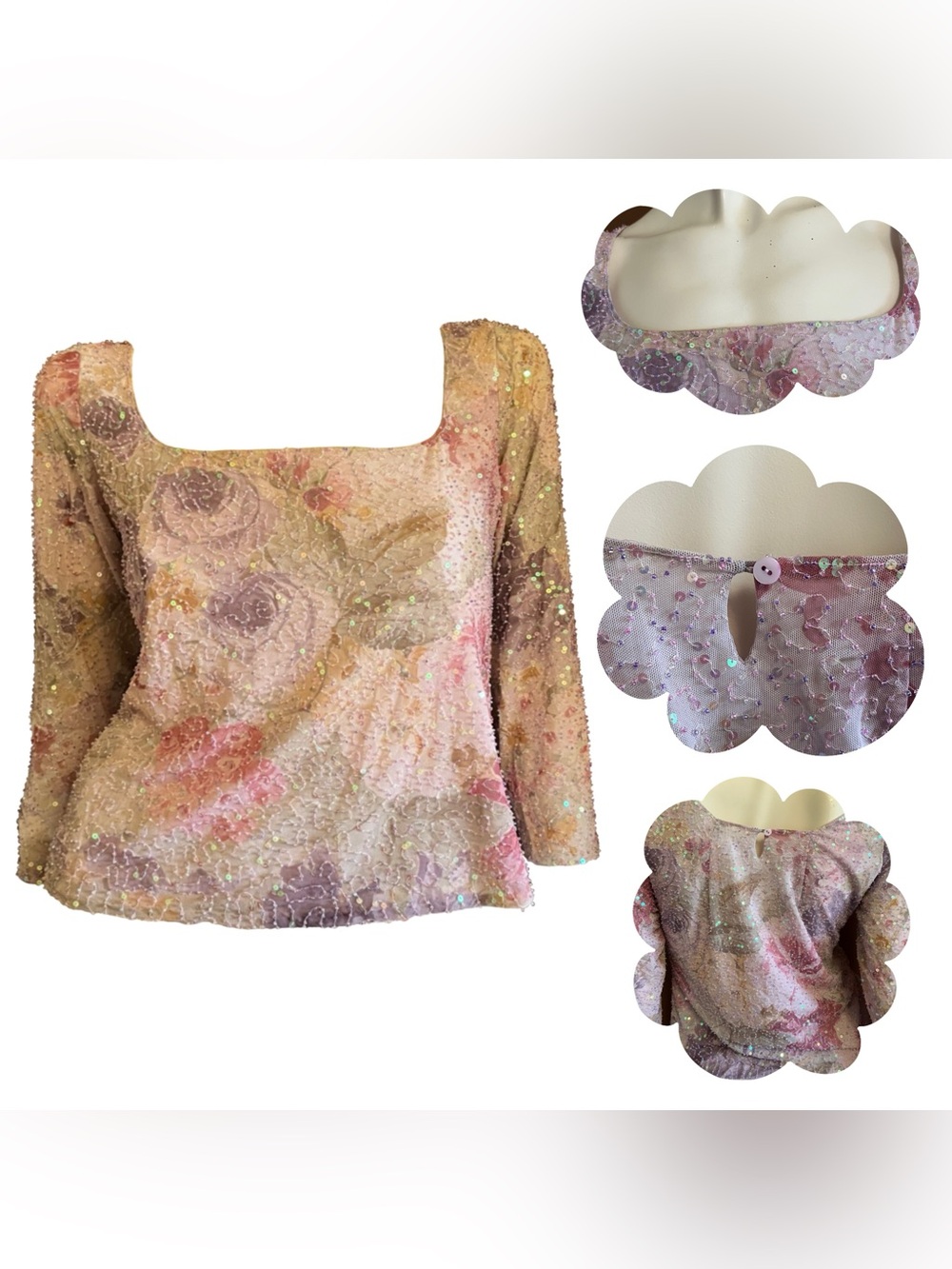 Designer Teri Jon Rickie Freeman Pink Fairycore Beaded 3/4 Sleeve Top